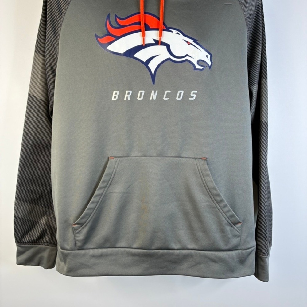 Majestic Denver Broncos NFL Therma Base Hoodie Mens‎ Large Grey Orange Pullover - Picture 10 of 16